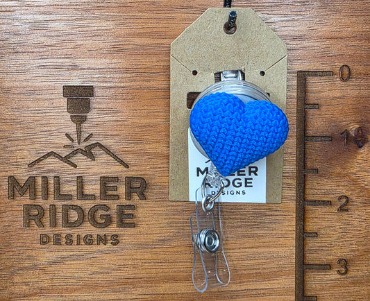 Royal blue knitted heart badge reel