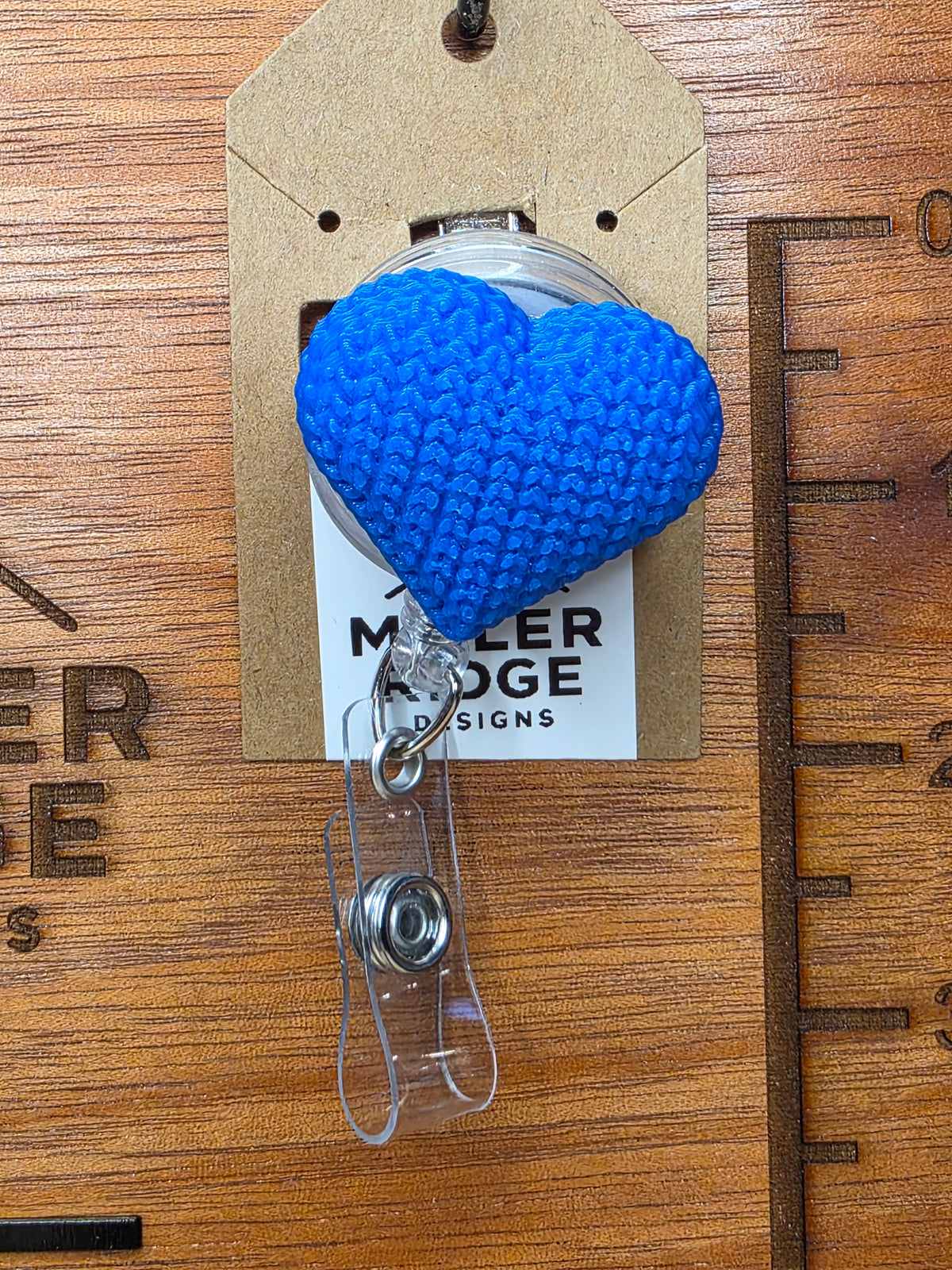 Royal blue knitted heart badge reel